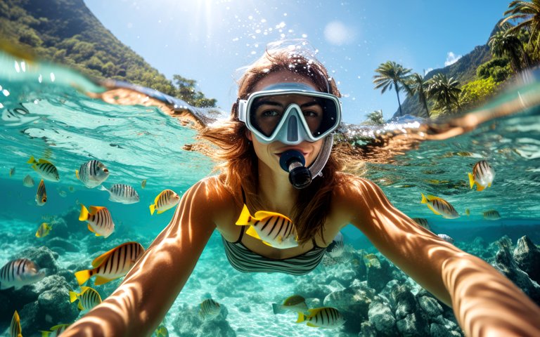 Underwater shoot of a young lady snorkeling and doing skin diving in a tropical sea. AI Generated