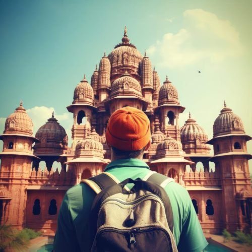 Hipster traveler with backpack in front of an Indian Temple (ID: 1287)